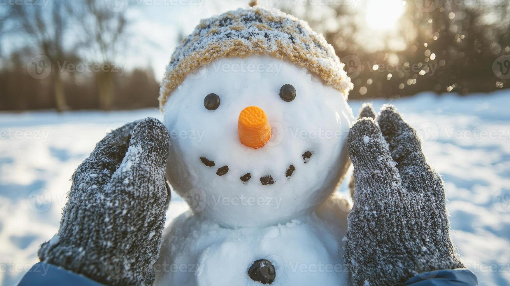 POV shots of hands shaping and adorning snowmen with knitted accessories. Snow backdrop, playfulness photo
