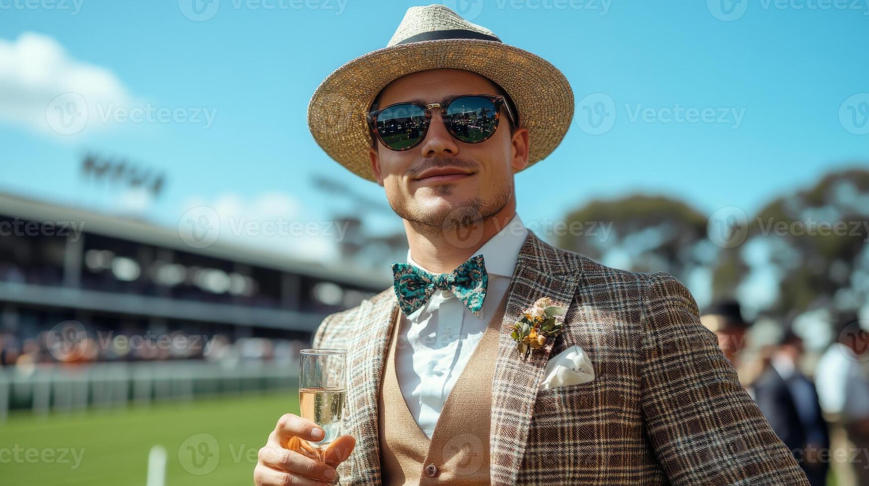 A gentleman an Old Money style suit stands at a racecourse during a spring horse racing event. Elegance and aristocrac photo