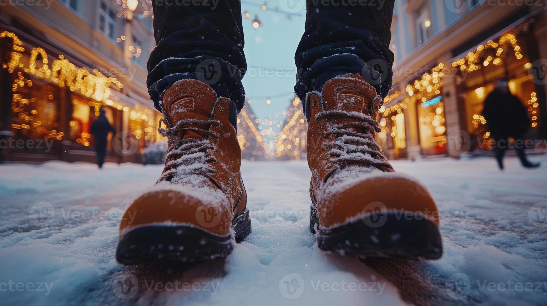 Close up of snow covered boots on a festive street with glowing decorations. Winter urban scene photo