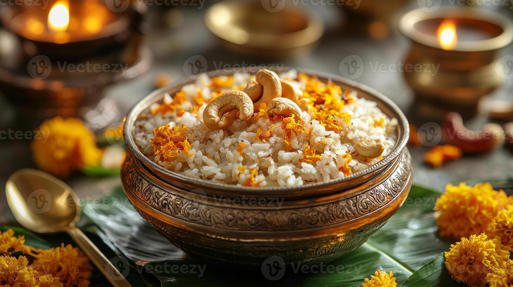 A bowl of vegetarian Pongal rice with cashews in brass bowl. Makar Sankranti wide banner, copy space photo