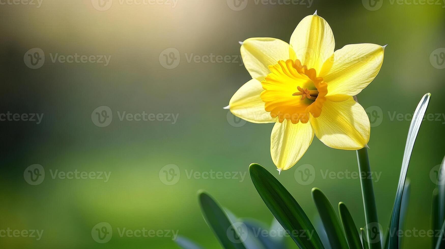 A single bright yellow daffodil blooms among green leaves. Renewal and spring, St. Davids Day, International Womens Day. photo