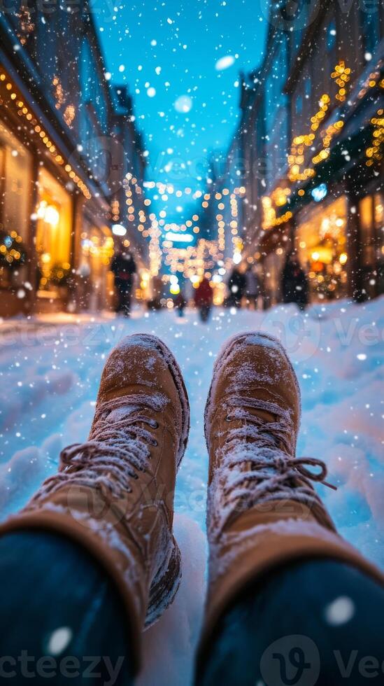 POV vertical shot of snowy boots on a festive street at twilight, illuminated by Christmas lights photo