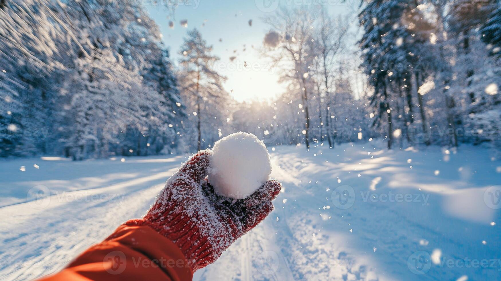 POV of a snowball in a red glove held in snowy forest path. Frosty trees, playful winter perspective photo