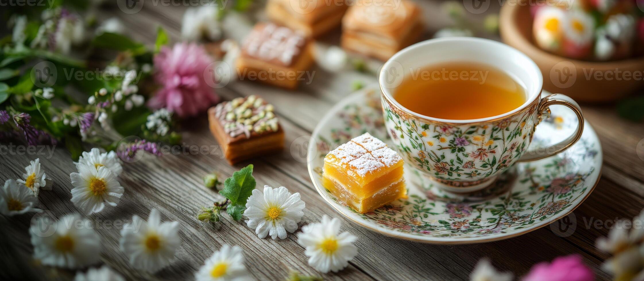 A traditional Persian table with a cup of saffron tea, baklava, and qottab. Nowruz celebration, Wide banner, copy space photo