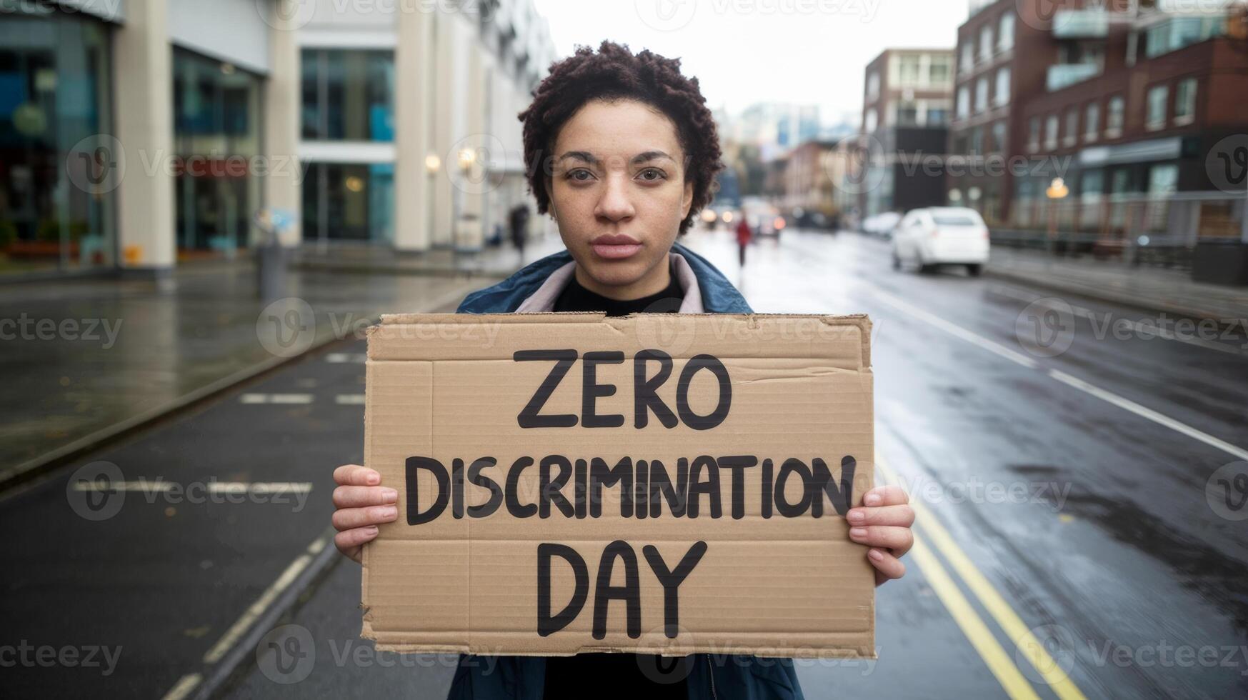 A young person with curly hair holds a cardboard sign reading Zero Discrimination Day. Call for equality, urban backdrop photo
