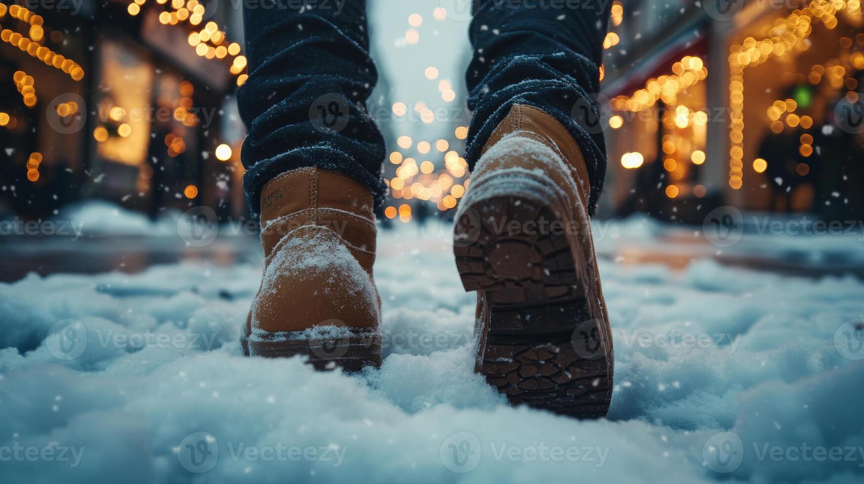 Low angle view of snowy boots walking on a festive winter street, illuminated by warm bokeh lights photo