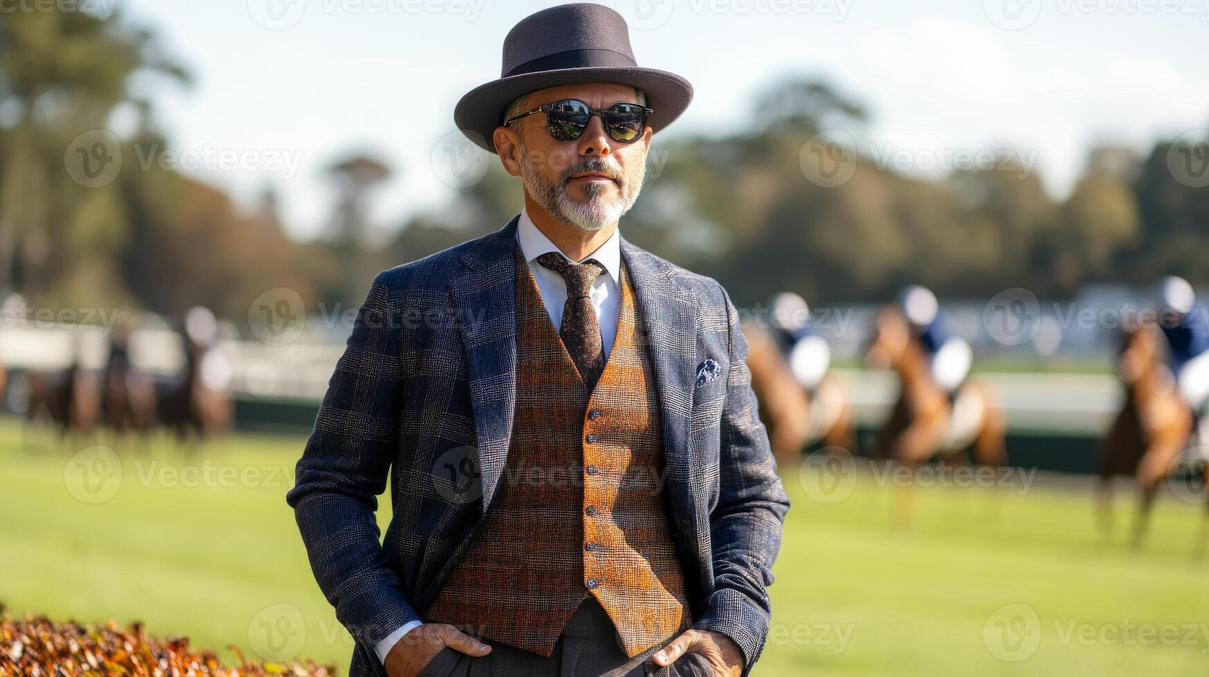 A distinguished gentleman in old money style suit stands at a prestigious racecourse during spring event. Horses racing photo