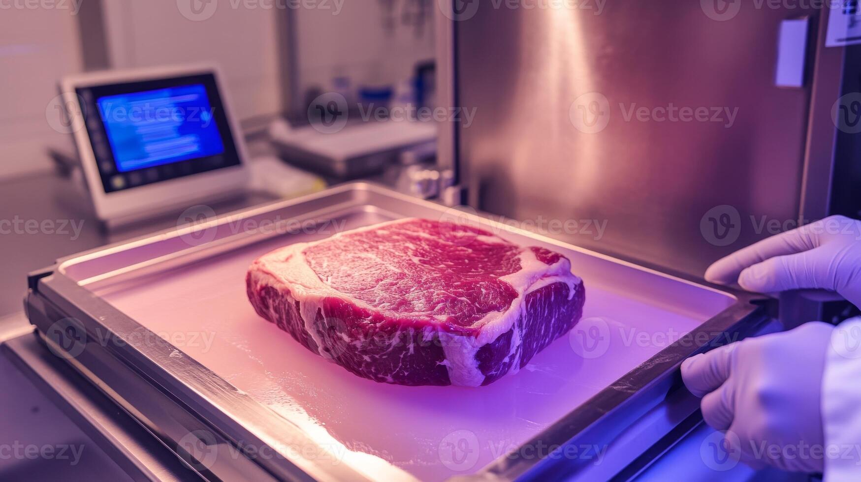 A raw marbling beef steak is placed on a tray inside a modern kitchen. A digital screen, technology in food preparation photo