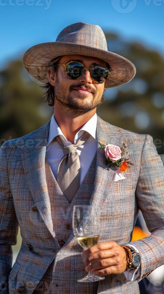 A stylish gentleman dressed in a classic checked suit and fedora enjoys a drink at a spring horse racing event. The atmosphere reflects high society and elegance. photo