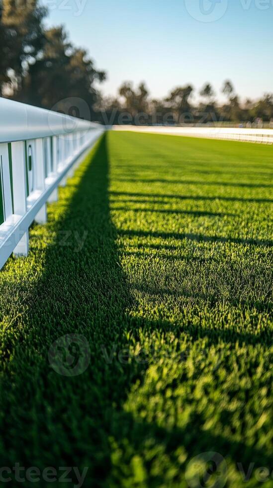 A racetrack scene with pristine racecourse with trimmed green grass. The white fence casting shadows on vibrant field photo