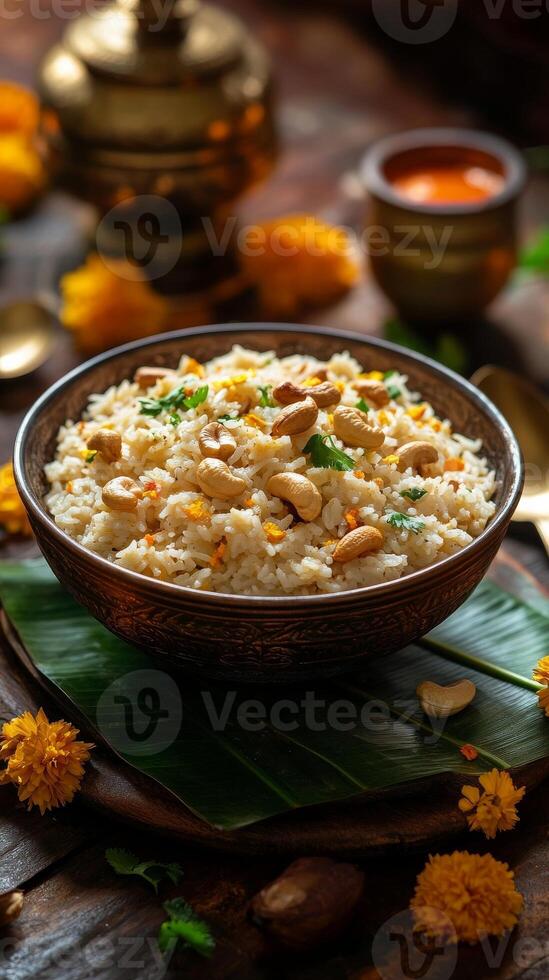 Pongal rice dish served in brass bowl with roasted cashews and herbs. Makar Sankranti vertical image photo