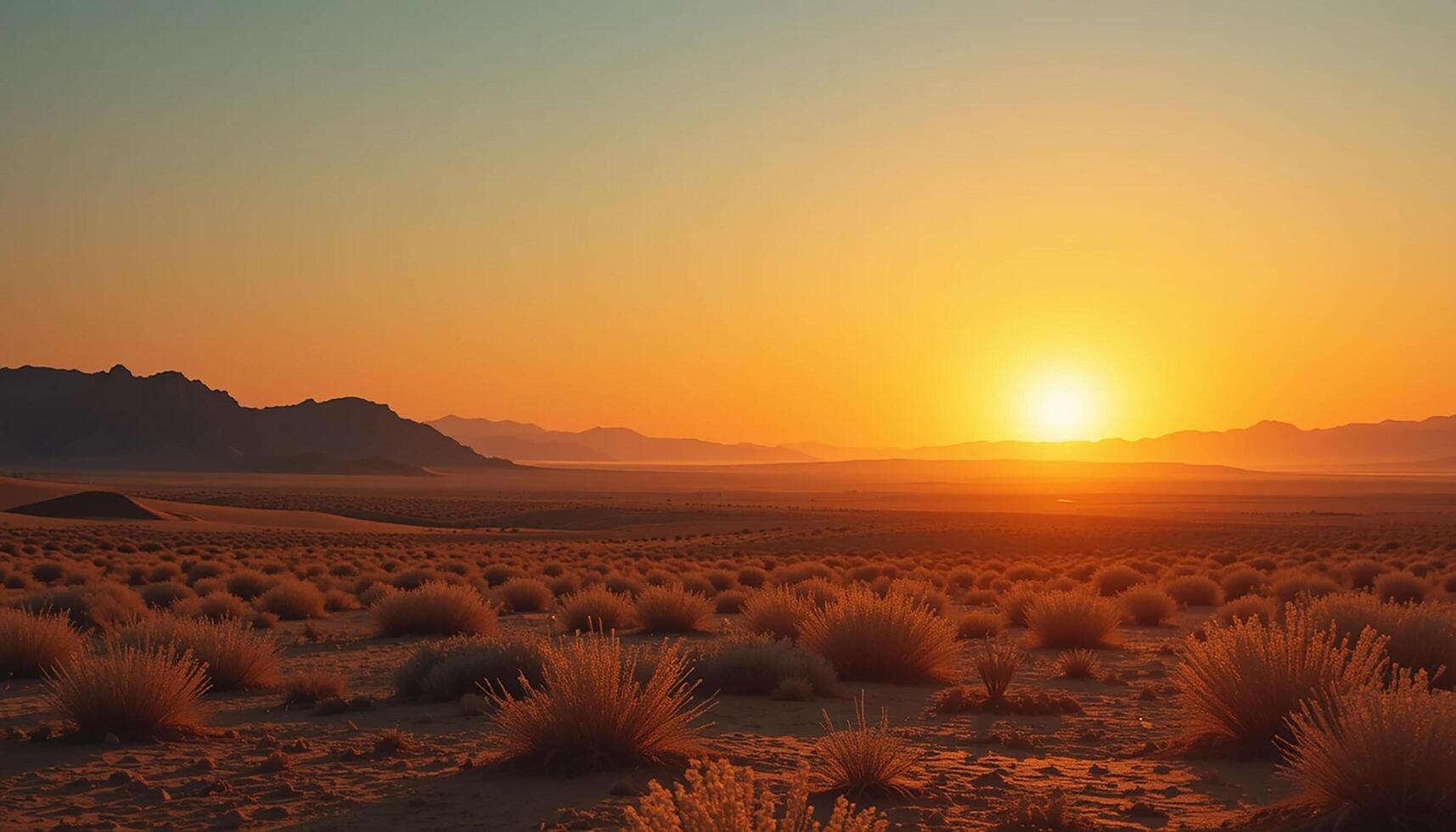 The sun sets over a desert landscape with grass and shrubs photo