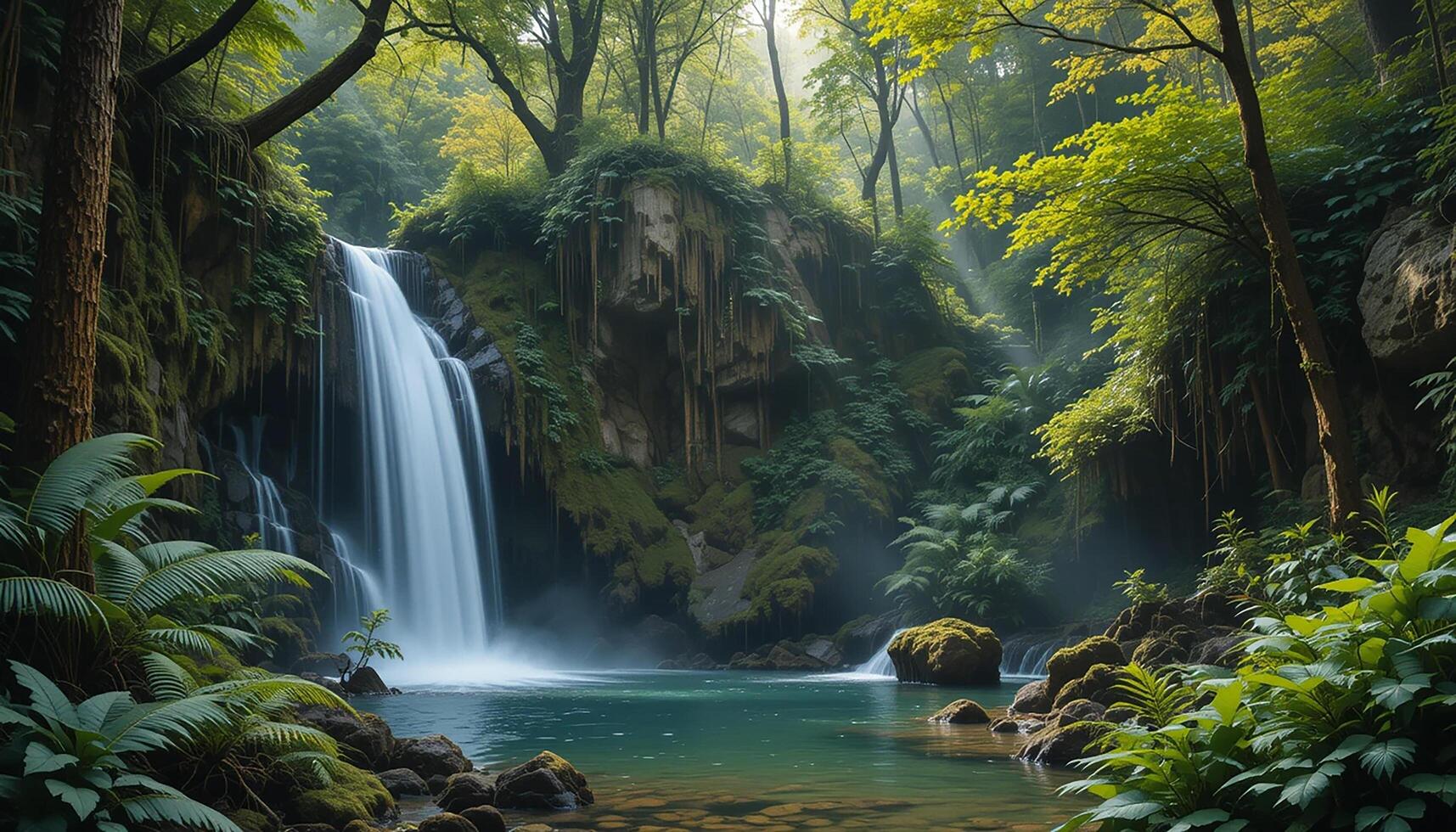 A waterfall in the middle of a forest with green trees photo