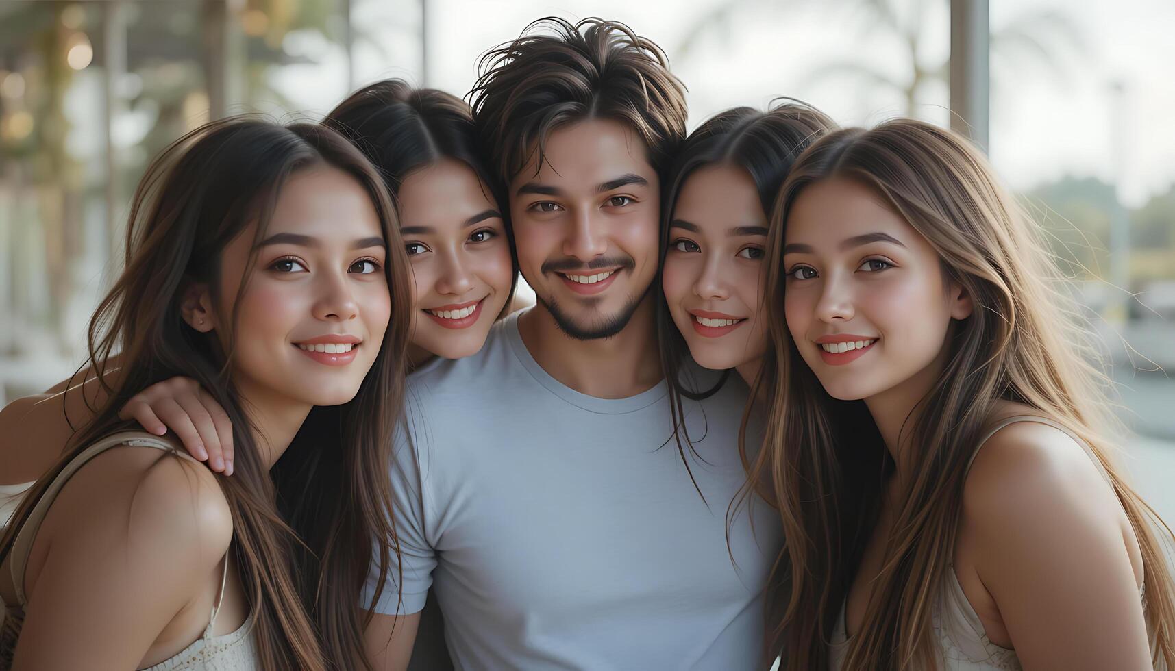 A man with four young women photo