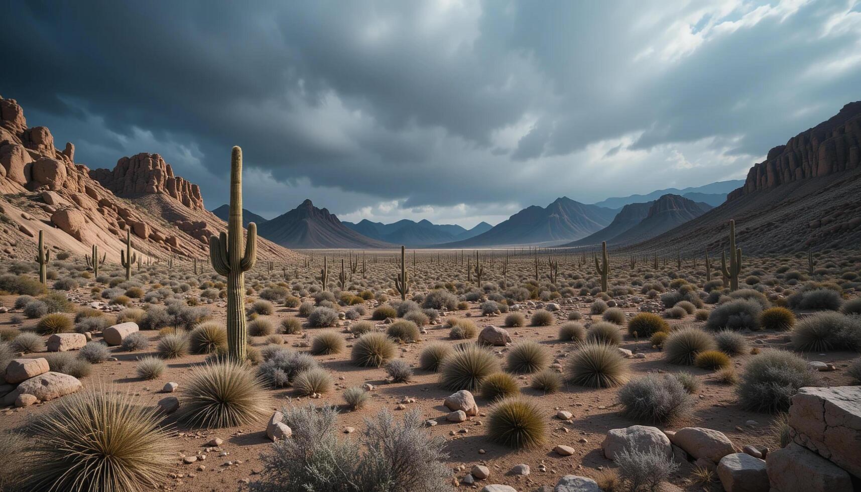 A desert landscape with cactus plants and mountains photo