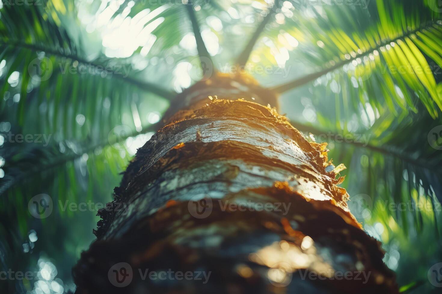 Low Angle View of a Palm Tree Trunk with Green Leaves photo