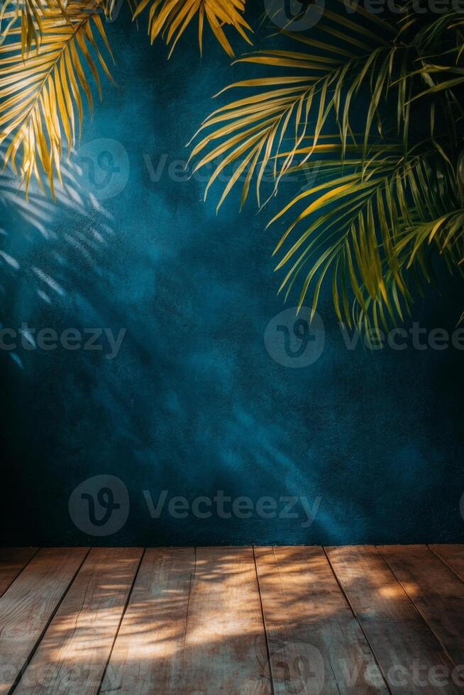 An empty wooden room with blue walls and palm trees photo