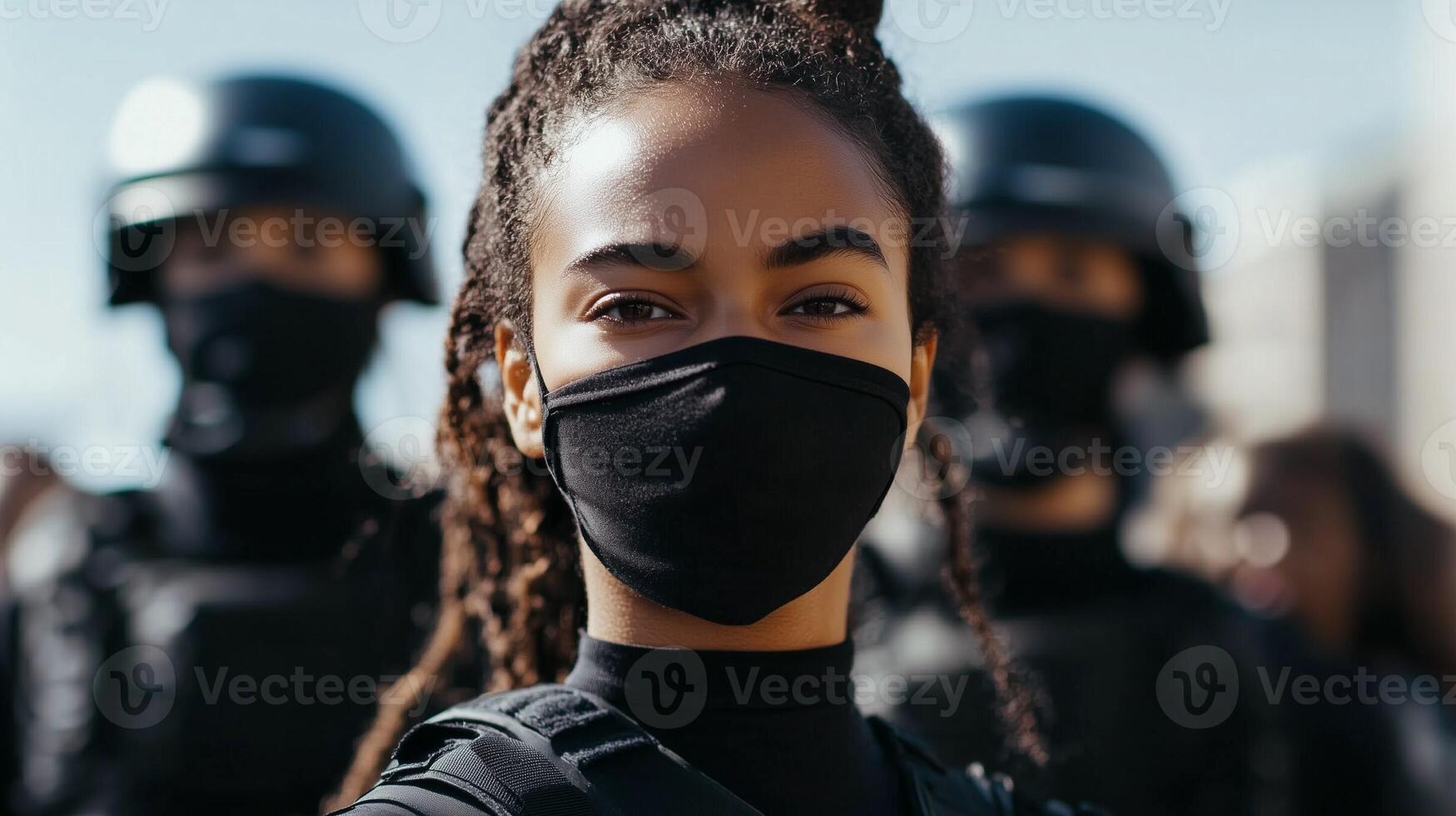 A powerful image of a woman in a mask standing strong with police officers behind her during a protest photo