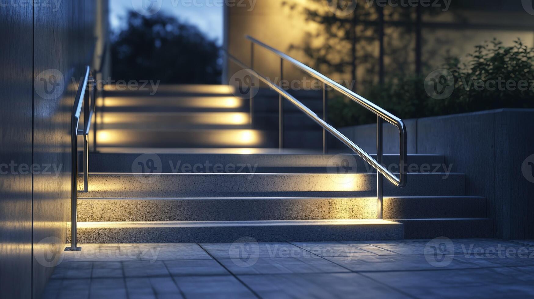 Illuminated stairs leading up to a modern building with glowing steps and metal railings in the evening light photo