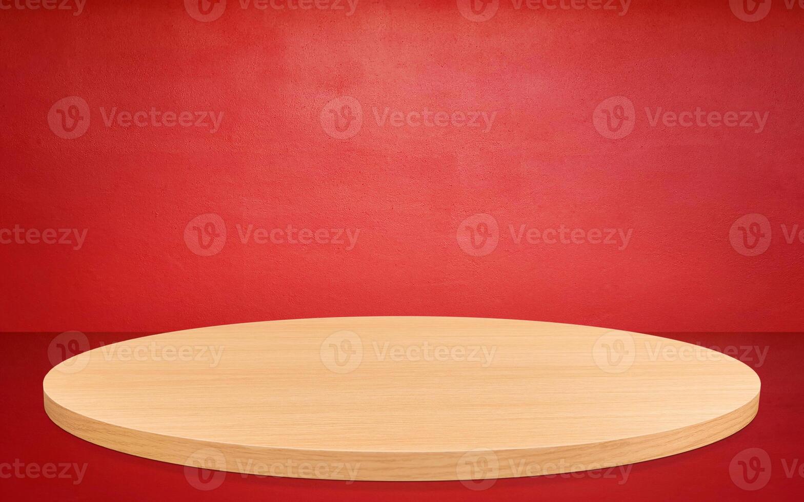 Round wooden platform, round wooden blocks, red background. photo