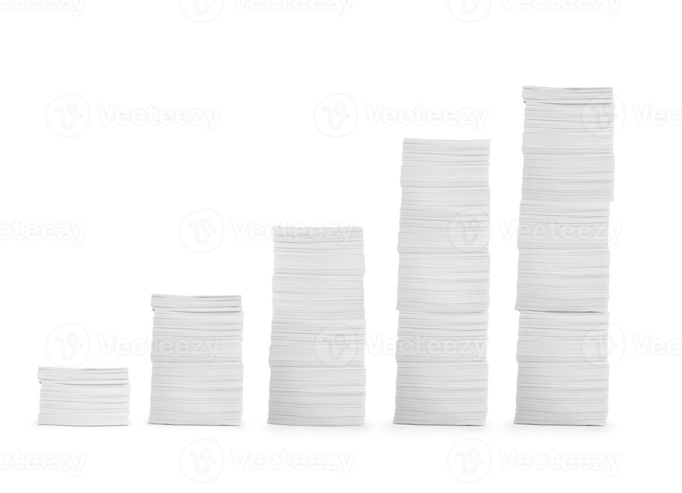 Stack of documents from low to high isolated on white background. photo