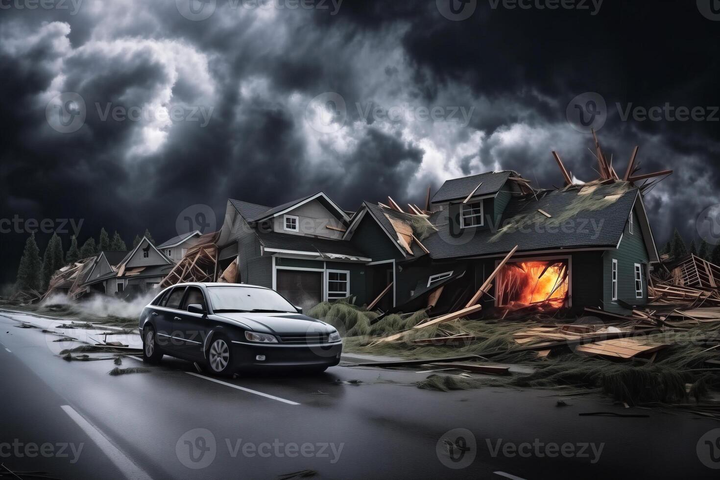 A car is in front of a destroyed house that is on fire photo