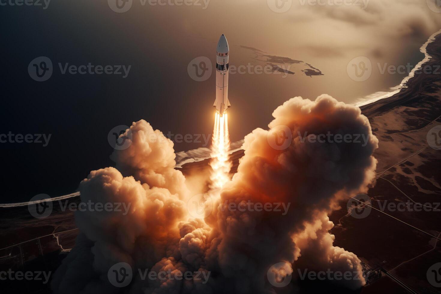 Aerial view of rocket launch at sunrise over ocean coast photo