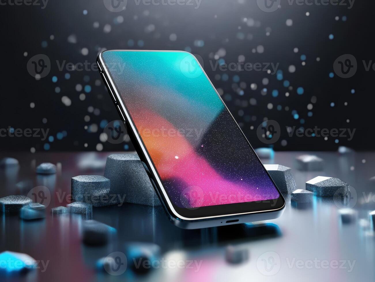 This design is visually striking, featuring a vibrant smartphone against an abstract cosmic background, perfect for tech enthusiasts and creative minds who appreciate unique aesthetics photo