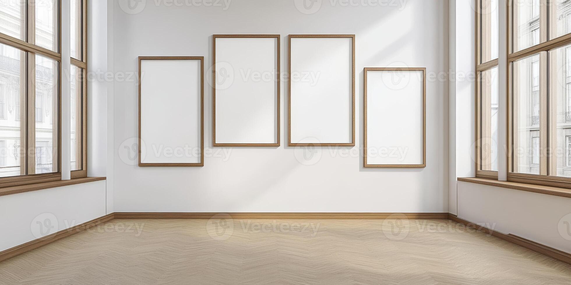 Imagine a bright room with empty wooden frames on a white wall and large windows letting in sunlight. Its perfect as a gallery or modern office, offering a creative and inspiring atmosphere photo