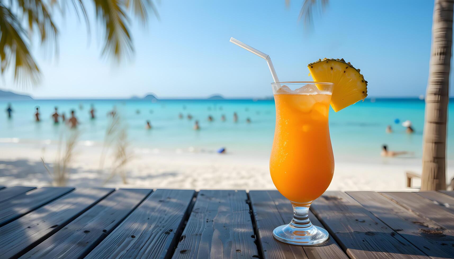 Orange Cocktail Rum Drink Pineapple Slice Garnish Ice Tropical Beverage Wooden Table Sandy Beach Background Summer Time photo