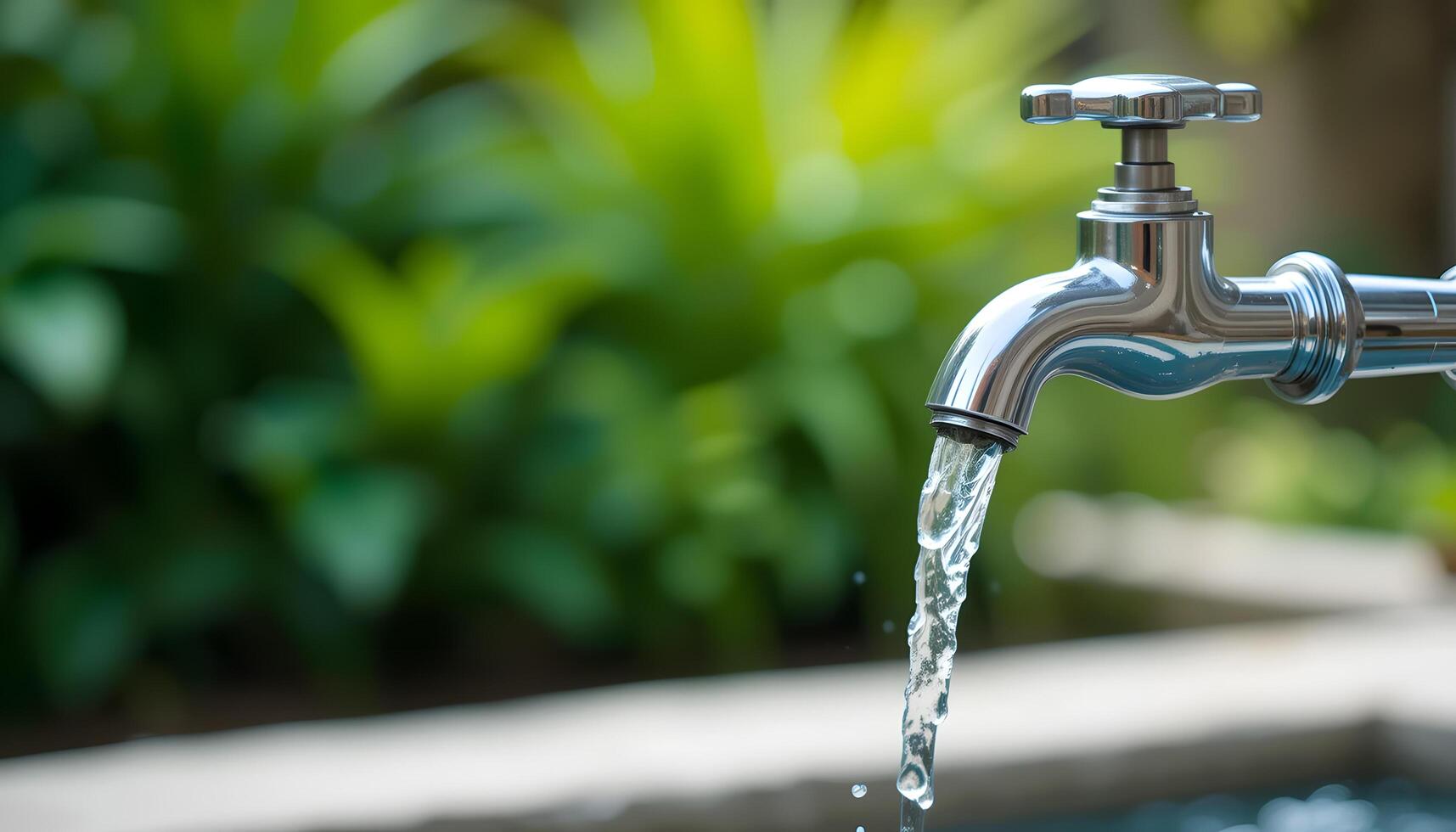 Metallic Faucet with Clear Water Stream and Green Foliage photo