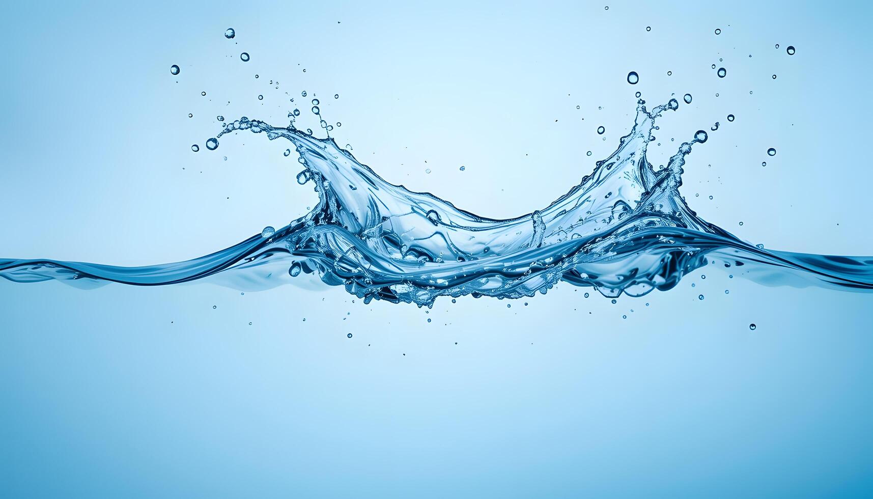 Dynamic water splash, droplet crown, clear blue liquid, light blue backdrop, for skincare or bottled water branding. photo