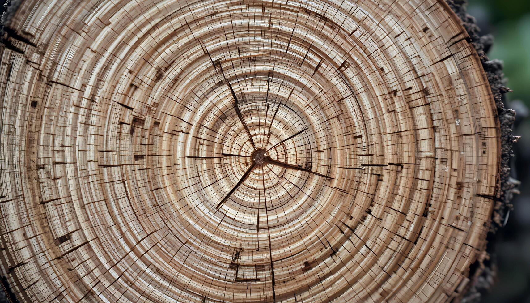 Detailed View of Tree Growth Rings, Bark, and Wood Texture on Wooden Cross-section for Nature and Biology Studies photo