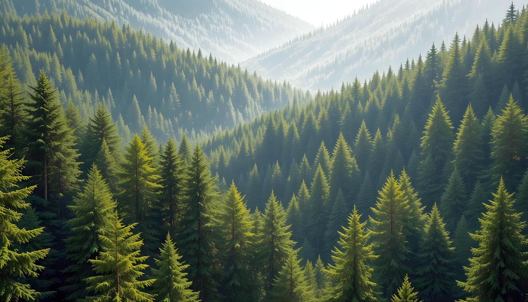 Vast Forest of Coniferous Trees on Hilly Terrain with Gradient Light and Shadows for Scenic and Natural Beauty photo