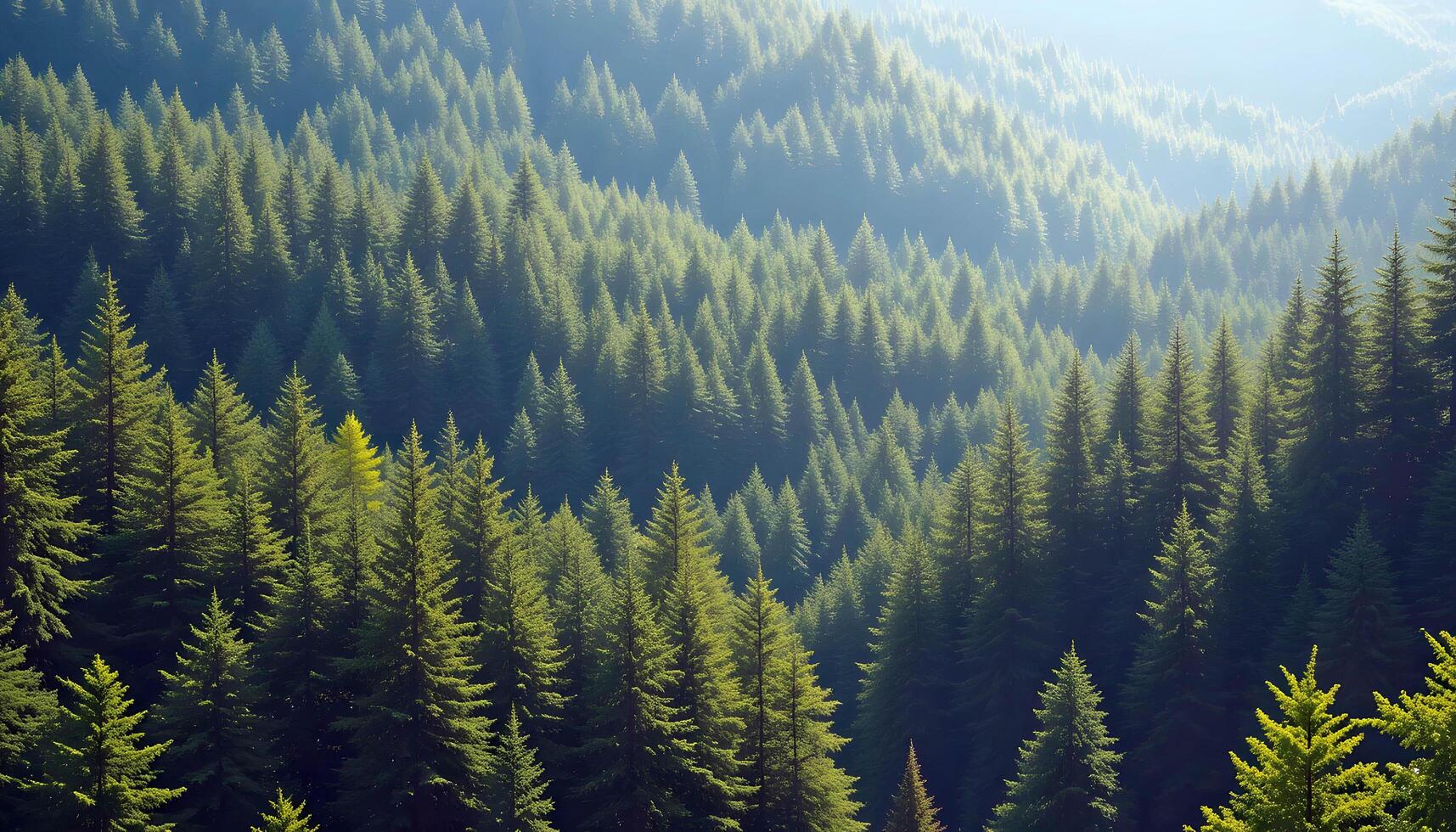 Dense Forest of Evergreen Trees Covering Hills with Sunlight Filtering Through for Nature and Environmental Themes photo