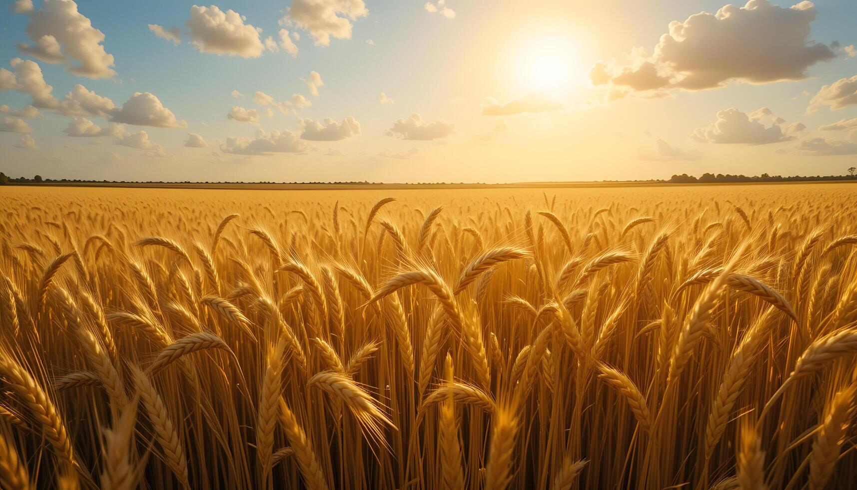 Expansive Wheat Field with Sunlit Golden Stalks and Blue Sky photo