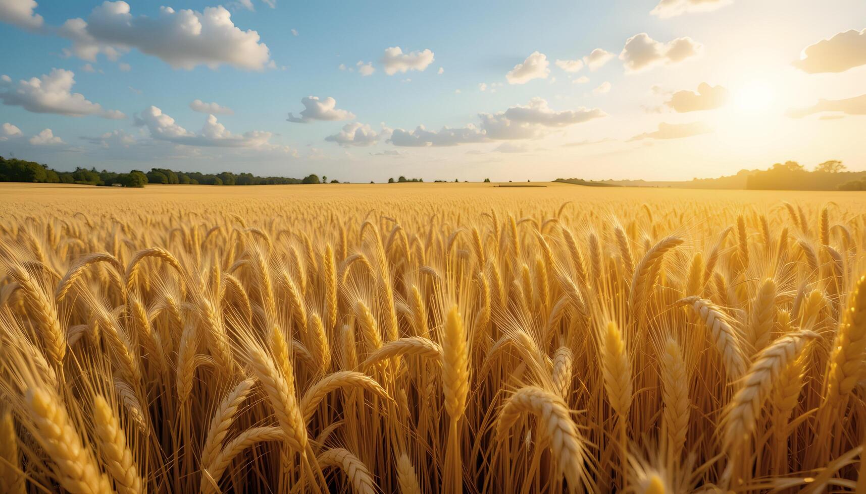 Lush Wheat Field with Warm Sunlight and Cloudy Horizon photo