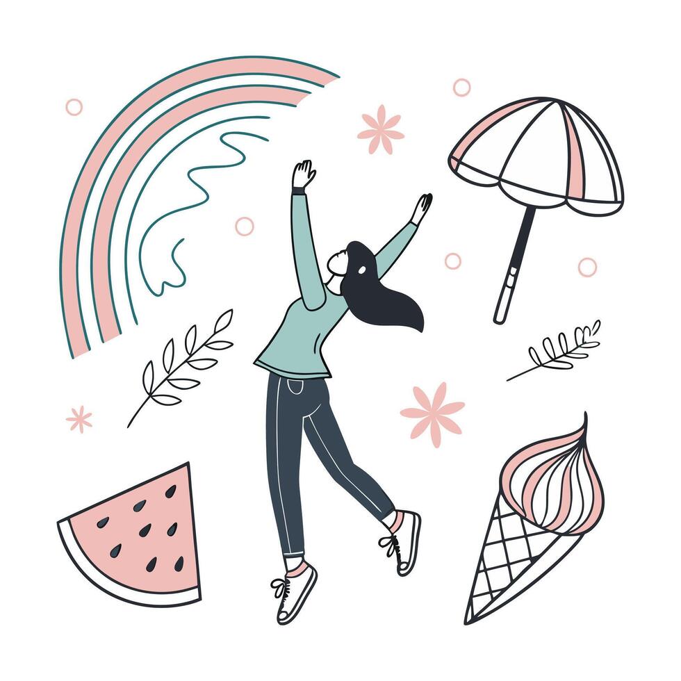 A girl is jumping and holding an umbrella vector