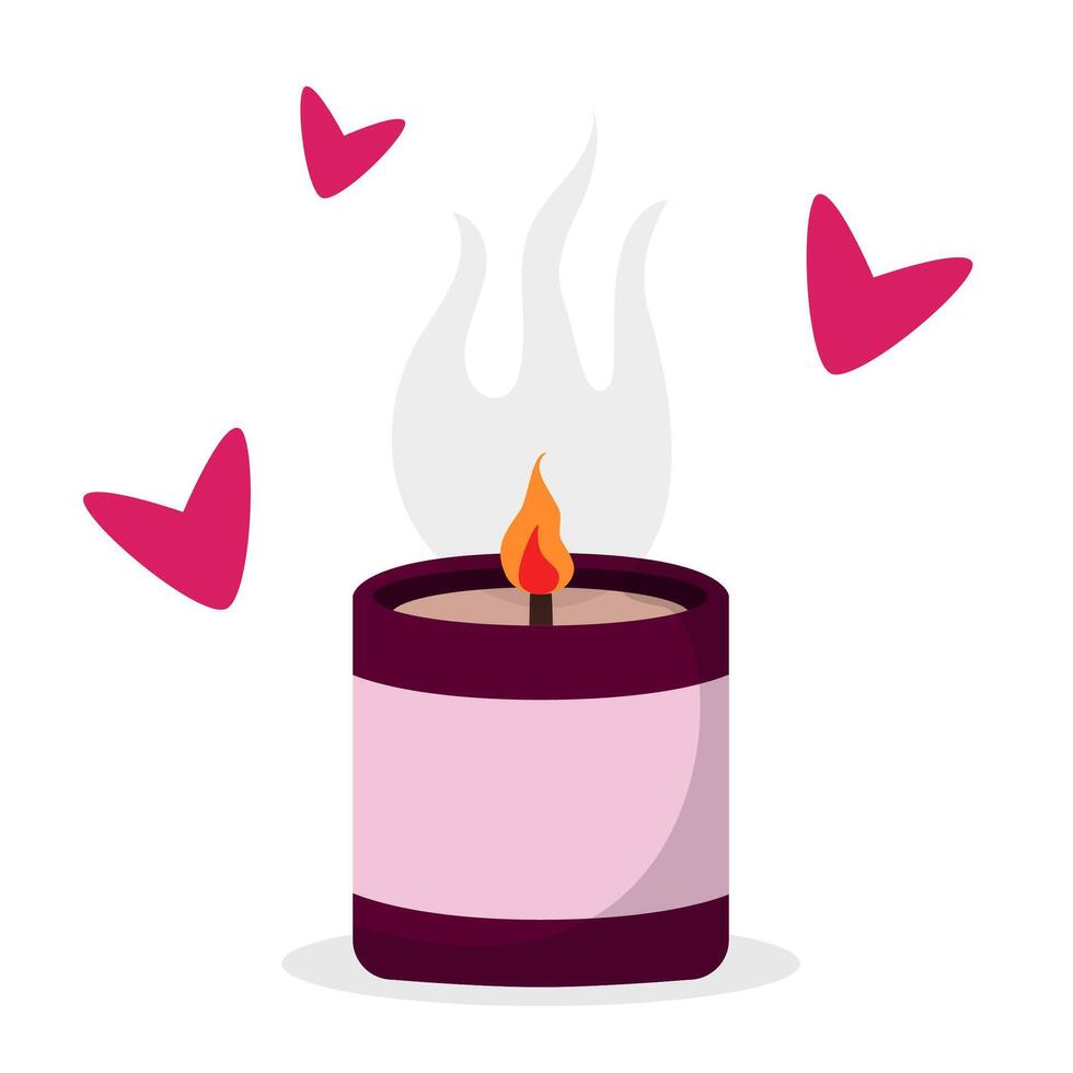 Lit candle with a soft pink container and burgundy rim, emitting a warm flame and smoke, surrounded by floating pink hearts on a white background. Romantic atmosphere vector