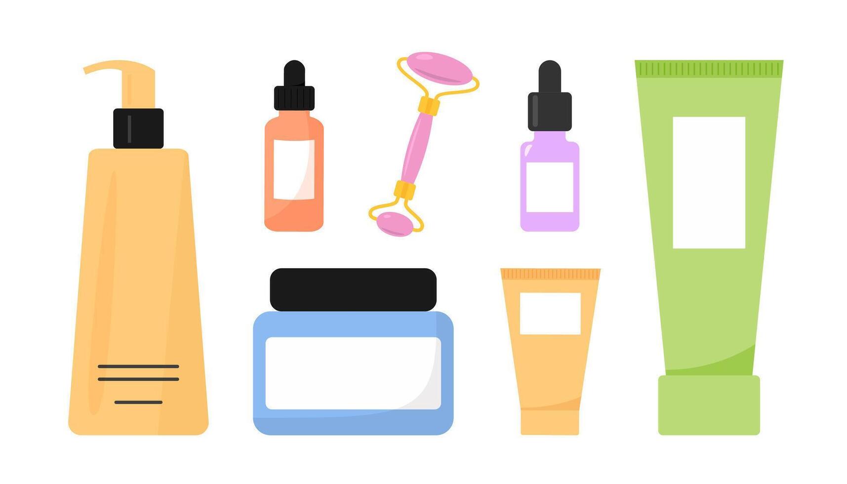 Various skincare and beauty products, including bottles, jars, and a roller. flat style on a white background, self-care vector
