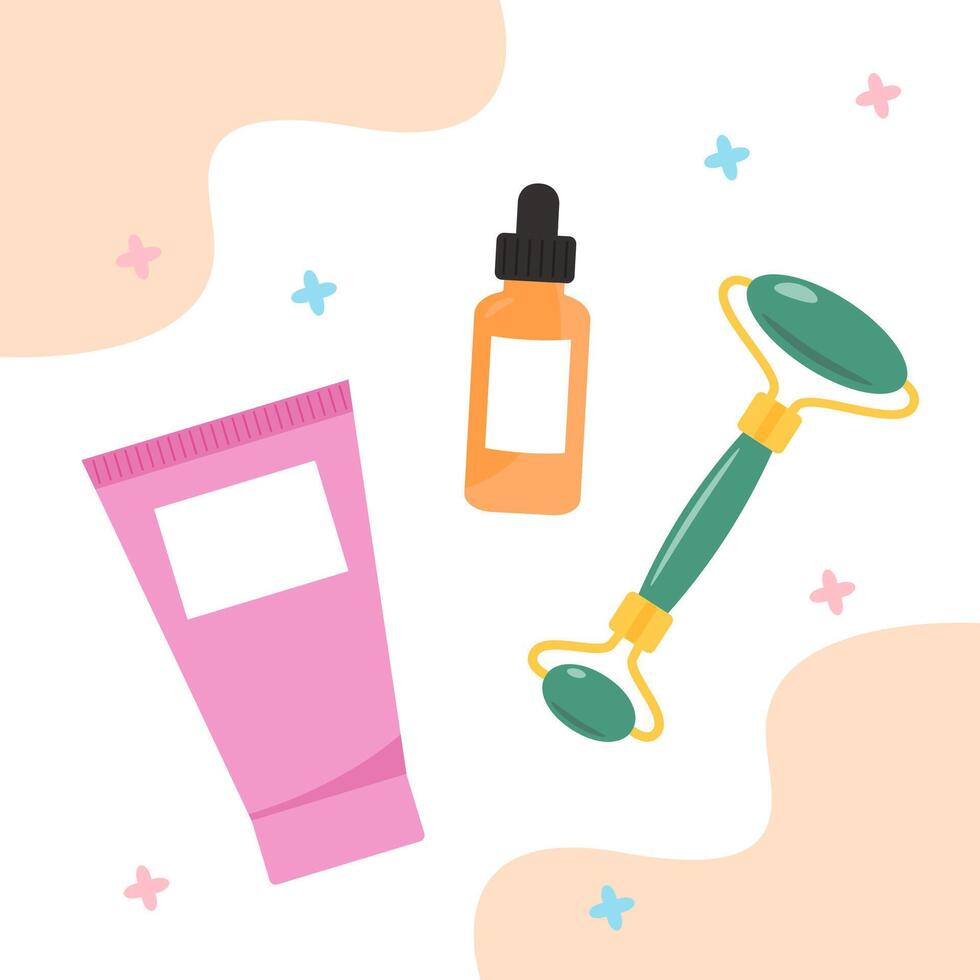 Skincare products including a jade roller, cream tube, and serum bottle in a flat style on a white background with abstract shapes. Beauty care vector
