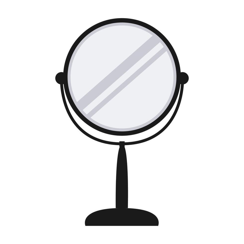 Round tabletop mirror with black frame and stand, depicted in a minimalistic style on a white background. Concept of reflection and personal grooming vector