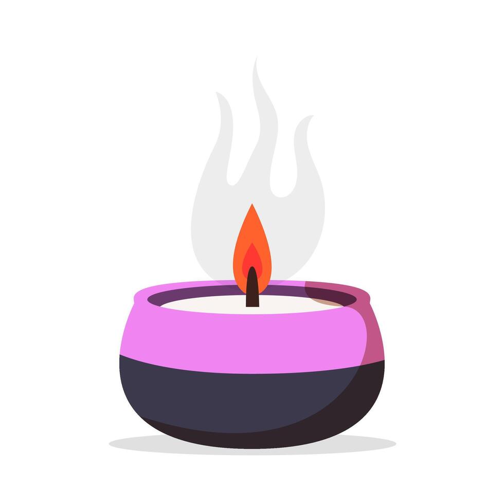 Lit scented candle in a stylish pink and black holder with a soft glow, isolated on a white background. Concept of relaxation and aromatherapy vector