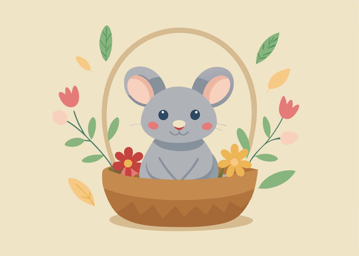 Little mouse sitting inside an Easter basket with eggs vector