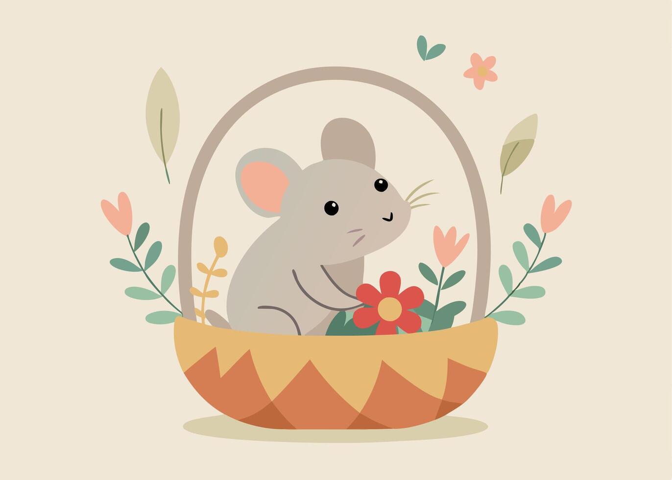 Cute mouse inside an Easter basket full of colorful eggs vector