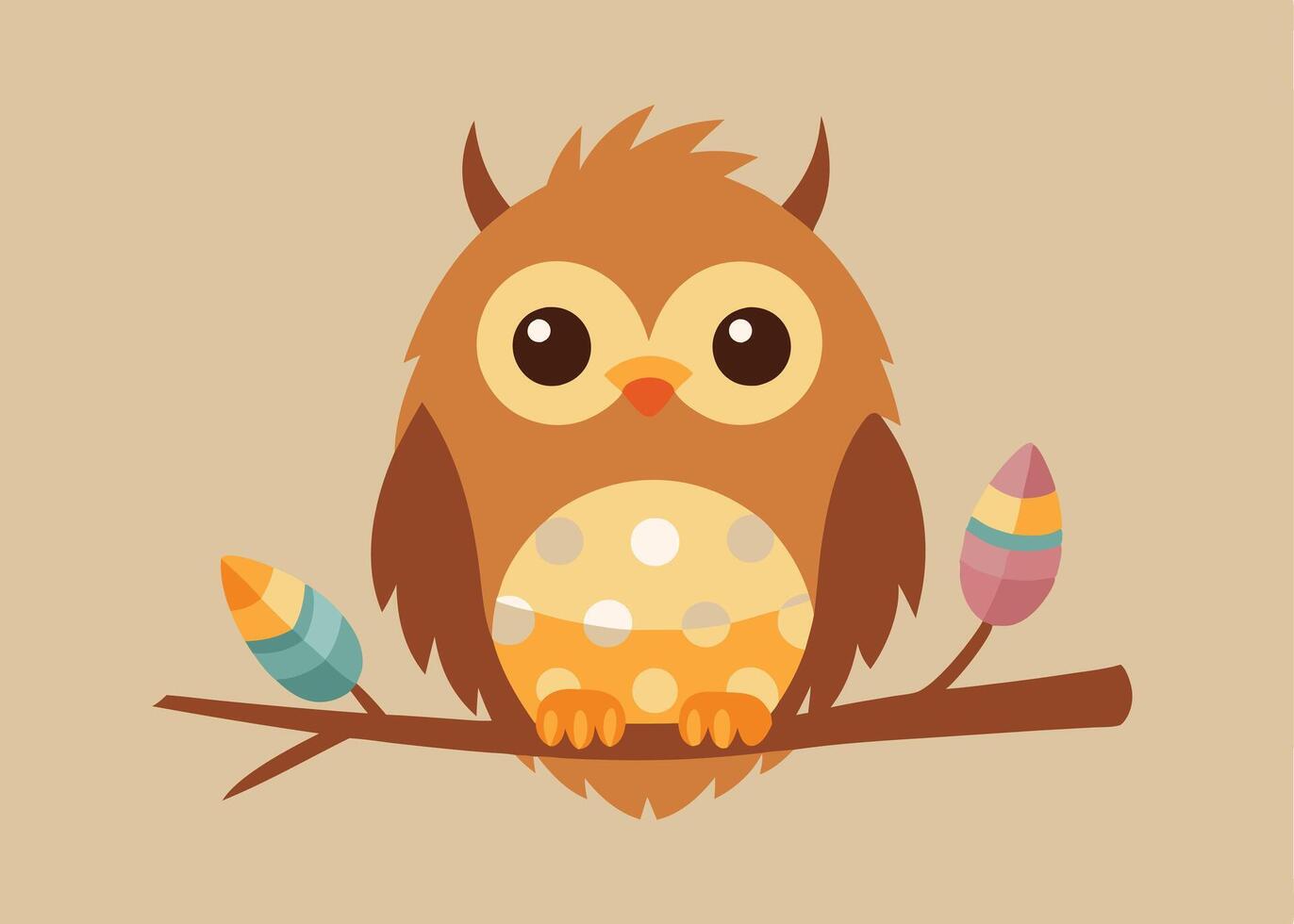 Adorable baby owl perched on tree branch with Easter eggs vector