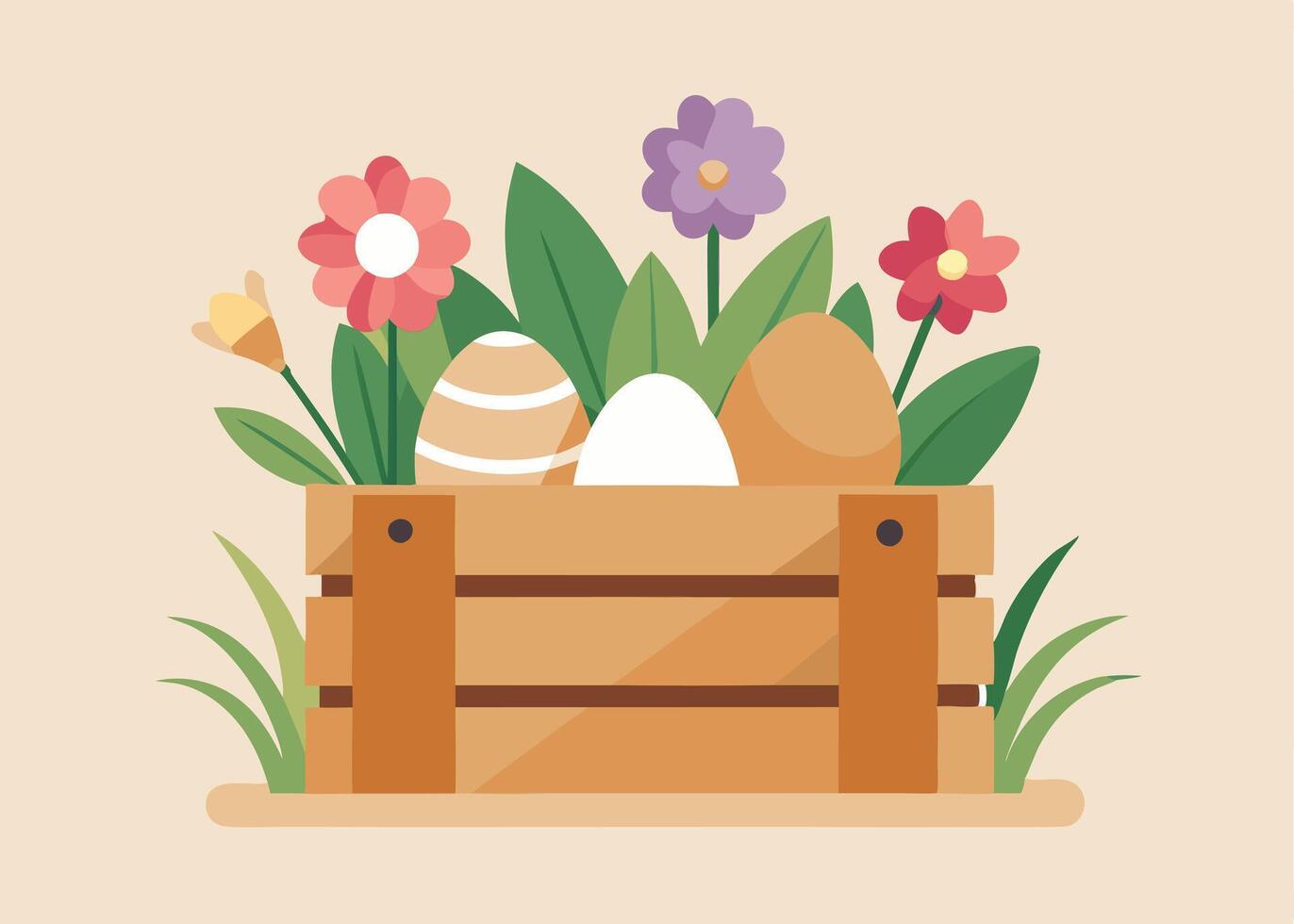 Farmhouse wooden crate filled with fresh spring flowers vector
