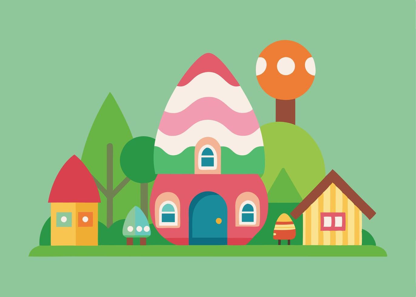 Tiny Easter village with decorated eggs as charming houses vector
