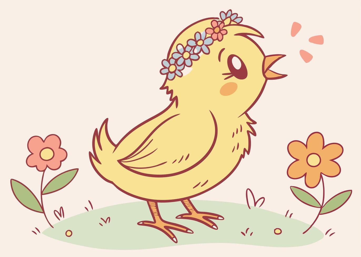 Happy chick wearing floral crown in pastel spring theme vector