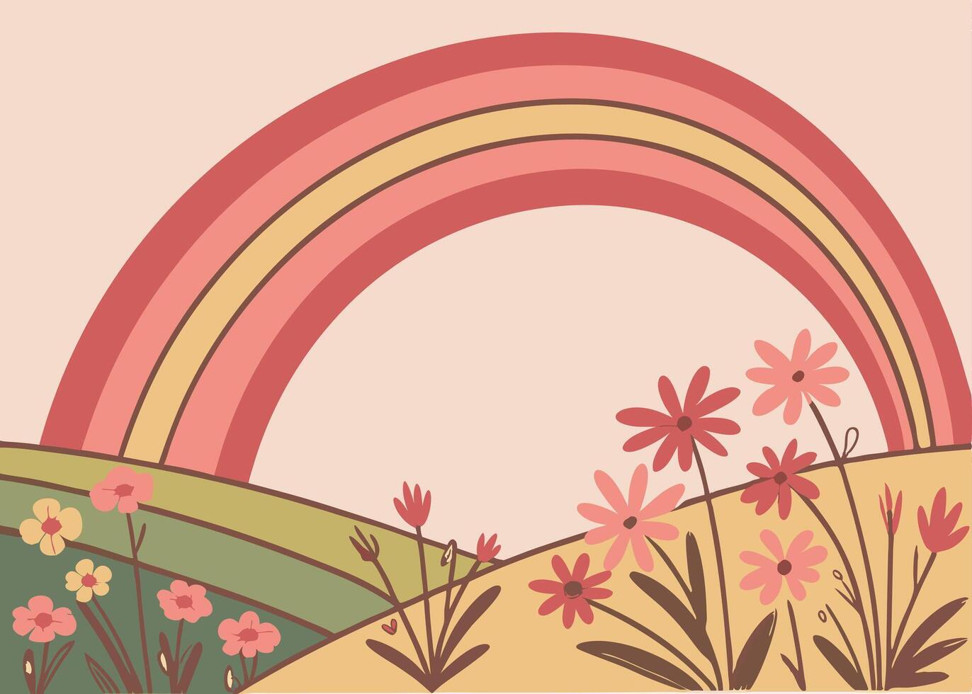 Colorful Easter rainbow shining over blooming flower field vector